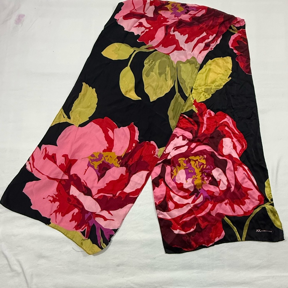 Anne Klein Floral Silk Scarf Wrap Long Black Pink Roses 60”